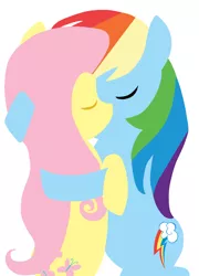 Size: 1024x1426 | Tagged: safe, artist:fanime1, derpibooru import, fluttershy, rainbow dash, pegasus, pony, cutie mark, eyes closed, female, flutterdash, hooves, hug, kissing, lesbian, lineless, mare, minimalist, modern art, shipping, simple background, white background, wings