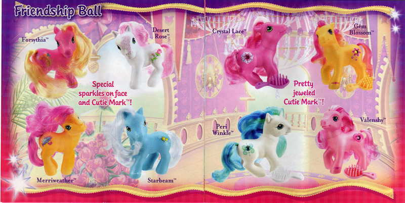 Size: 1000x502 | Tagged: brochure, crystal lace, cutie mark, derpibooru import, desert rose, forsythia, friendship ball, g3, gem blossom, irl, merriweather, peri winkle, periwinkle, photo, safe, starbeam, text, toy, valenshy