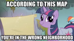 Size: 625x351 | Tagged: bag, caption, derpibooru import, dragonshy, duo, edit, edited screencap, faic, image macro, looking at you, map, rainbow dash, saddle bag, safe, screencap, smirk, text, twiface, twilight sparkle, wrong neighborhood