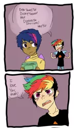Size: 438x750 | Tagged: 2 panel comic, artist:techtechno, askequestrianboys, blushing, comic, derpibooru import, dialogue, drunk, dusk shine, human, humanized, open mouth, rainbow blitz, rainbow dash, rule 63, safe, spread wings, twilight sparkle, winged humanization, wings