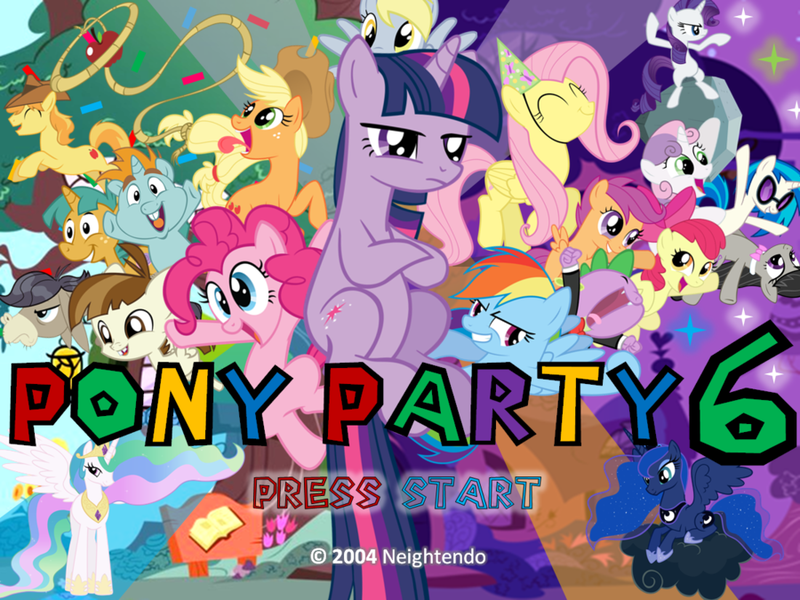 Size: 900x675 | Tagged: safe, derpibooru import, apple bloom, applejack, braeburn, cranky doodle donkey, derpy hooves, fluttershy, octavia melody, pinkie pie, princess celestia, princess luna, rainbow dash, rarity, scootaloo, snails, snips, spike, sweetie belle, tom, twilight sparkle, vinyl scratch, alicorn, donkey, earth pony, pegasus, pony, unicorn, crossover, golden oaks library, mario party, mario party 6, nintendo, parody, super mario bros., twilight is not amused, unamused, wall of tags