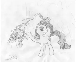 Size: 2716x2238 | Tagged: safe, artist:onsaud, derpibooru import, rarity, crab, giant crab, pony, unicorn, magic, monochrome, rarity fighting a giant crab, sketch