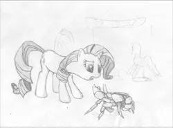 Size: 2604x1925 | Tagged: safe, artist:onsaud, derpibooru import, rarity, crab, giant crab, pony, unicorn, mirror, monochrome, ponyquin, rarity fighting a giant crab, sketch