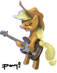 Size: 400x507 | Tagged: safe, artist:ponyrake, derpibooru import, applejack, pony, bipedal, eyes closed, guitar, musical instrument, simple background, solo