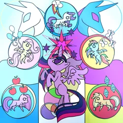 Size: 1024x1024 | Tagged: safe, artist:linamomoko, derpibooru import, applejack, fluttershy, pinkie pie, rainbow dash, rarity, twilight sparkle, twilight sparkle (alicorn), alicorn, pony, magical mystery cure, female, mane six, mare, stained glass, swapped cutie marks