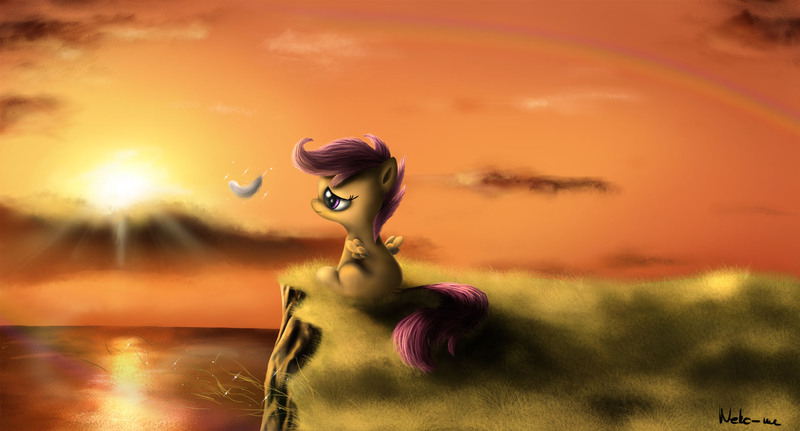 Size: 1920x1034 | Tagged: artist:neko-me, derpibooru import, feather, implied rainbow dash, rainbow trail, safe, scenery, scootalone, scootaloo, solo, sunset, wallpaper