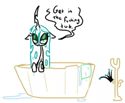 Size: 596x492 | Tagged: artist:the weaver, bath, bathing, bathtub, coat rack, derpibooru import, dialogue, lidded eyes, looking at you, queen chrysalis, safe, simple background, solo, towel, vulgar, water, wet, wet mane, white background