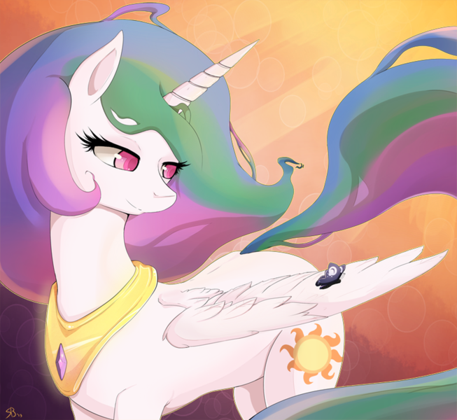 Size: 900x827 | Tagged: artist:mrstufflebeam, butterfly, derpibooru import, princess celestia, safe, smiling, solo, spread wings, wings