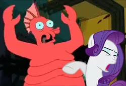 Size: 526x360 | Tagged: crab, derpibooru import, futurama, giant crab, rarity, rarity fighting a giant crab, safe, zoidberg