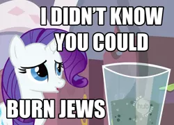 Size: 1483x1068 | Tagged: safe, deleted from derpibooru, derpibooru import, edit, edited screencap, screencap, rarity, pony, unicorn, sisterhooves social, antisemitism, burnt juice, caption, cropped, female, holocaust joke, hub logo, image macro, jew, juice, mare, mondegreen, nazi, racism, solo, text