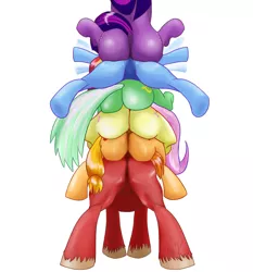 Size: 2458x2632 | Tagged: suggestive, artist:mr.v, derpibooru import, applejack, big macintosh, fluttershy, lyra heartstrings, rainbow dash, twilight sparkle, earth pony, pony, big backintosh, butt, butt crush, butt only, featureless crotch, female, lyra hindstrings, male, pile, plot, plot pile, rainbow, stallion, the ass was fat