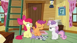 Size: 1280x720 | Tagged: apple bloom, artist:capnpea, chess, chessboard, derpibooru import, edit, edited screencap, fimbriae, horseshoes, regurgitation, safe, scootaloo, screencap, sweetie belle, wat