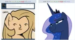 Size: 779x409 | Tagged: safe, artist:slavedemorto, derpibooru import, princess luna, oc, oc:backy, derpibooru, bedroom eyes, canon x oc, exploitable meme, juxtaposition, juxtaposition win, meme, meta, smiling