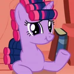 Size: 497x497 | Tagged: safe, derpibooru import, screencap, twilight sparkle, pony, unicorn, look before you sleep, book, cropped, female, hair curlers, mare, scrunchy face, solo, unicorn twilight