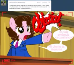 Size: 1236x1081 | Tagged: ace attorney, artist:shinta-girl, ask, derpibooru import, objection, oc, oc:shinta pony, phoenix wright, safe, spanish, translated in the description, tumblr, unofficial characters only