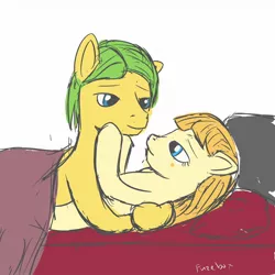 Size: 1280x1280 | Tagged: safe, artist:fuzebox, derpibooru import, aunt orange, mosely orange, uncle orange, pony, 30 minute art challenge, bed, cuddling, female, imminent kissing, male, mare, pillow, shipping, stallion, straight, the oranges
