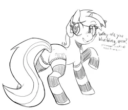 Size: 995x851 | Tagged: suggestive, artist:mewball, derpibooru import, lyra heartstrings, pony, butt, clothes, cute, dialogue, female, implied anon, lyra hindstrings, lyrabetes, mare, monochrome, one hoof raised, plot, socks, solo, stockings, striped socks, thigh highs