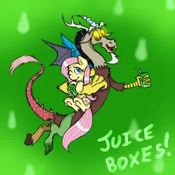 Size: 800x800 | Tagged: artist:ichibangravity, derpibooru import, discord, flutterjuice, fluttershy, juice, juice box, safe