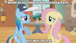 Size: 853x480 | Tagged: safe, derpibooru import, fluttershy, rainbow dash, caption, female, flutterdash, i would do anything for love, image macro, lesbian, meat loaf, shipping, song reference, text