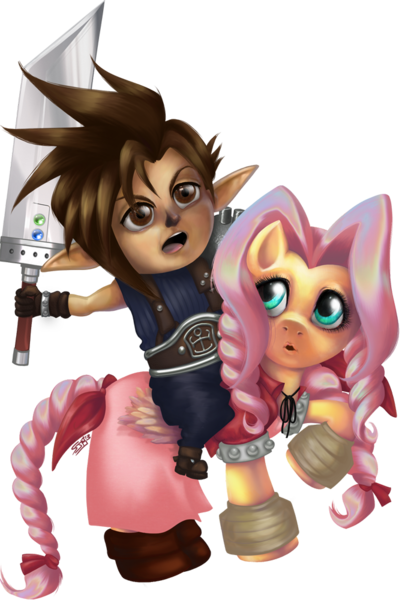 Size: 670x1000 | Tagged: aerith gainsborough, artist:tenaflyviper, cloud strife, crossover, derpibooru import, final fantasy, final fantasy vii, final fantasy xi, fluttershy, safe, tarutaru