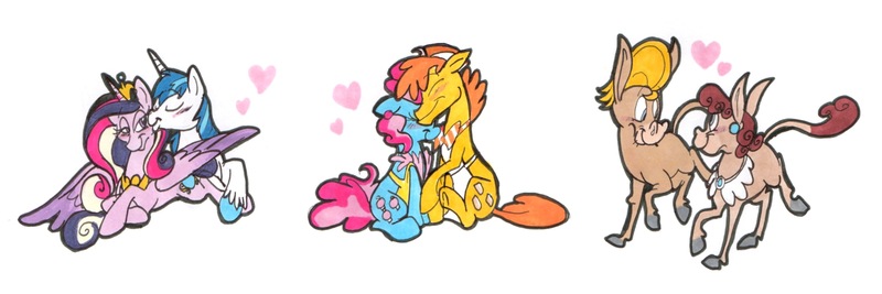 Size: 3000x1000 | Tagged: safe, artist:frankilew, derpibooru import, carrot cake, cranky doodle donkey, cup cake, matilda, princess cadance, shining armor, alicorn, donkey, earth pony, pony, unicorn, bedroom eyes, blushing, carrot cup, carrotbetes, crankilda, crankybetes, cuddling, cute, cute cake, cutedance, eye contact, eyes closed, female, heart, kissing, looking at each other, male, married, matildadorable, nuzzling, prone, shining adorable, shiningcadance, shipping, simple background, sitting, smiling, straight, traditional art, underhoof, white background