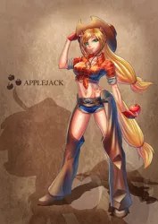 Size: 848x1200 | Tagged: apple, applejack, artist:takos000, boots, breasts, chaps, cleavage, clothes, derpibooru import, eared humanization, female, fingerless gloves, food, gloves, hot pants, human, humanized, obligatory apple, safe, shoes, solo, tailed humanization