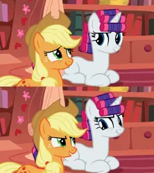 Size: 1136x1279 | Tagged: safe, derpibooru import, screencap, applejack, rarity, earth pony, pony, unicorn, look before you sleep, angry, annoyed, duo, eye contact, female, frown, glare, golden oaks library, grin, hair curlers, lidded eyes, looking at each other, mare, nose wrinkle, ponyloaf, prone, scrunchy face, smiling, smirk