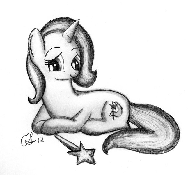 Size: 900x836 | Tagged: artist:flutteryay56, derpibooru import, monochrome, safe, smiling, traditional art, trixie, wand