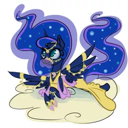 Size: 1000x1000 | Tagged: safe, artist:ponygoggles, derpibooru import, princess luna, alicorn, pony, bracelet, circlet, clothes, cloud, cute, dress, female, jewelry, looking up, lunabetes, mare, pendant, prone, simple background, smiling, solo, veil, white background, wing jewelry