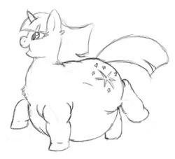 Size: 646x586 | Tagged: suggestive, artist:defenceless, derpibooru import, twilight sparkle, unicorn, belly, big belly, butt, cutie mark, fat, monochrome, morbidly obese, obese, plot, running, sketch, solo, traditional art, twilard sparkle