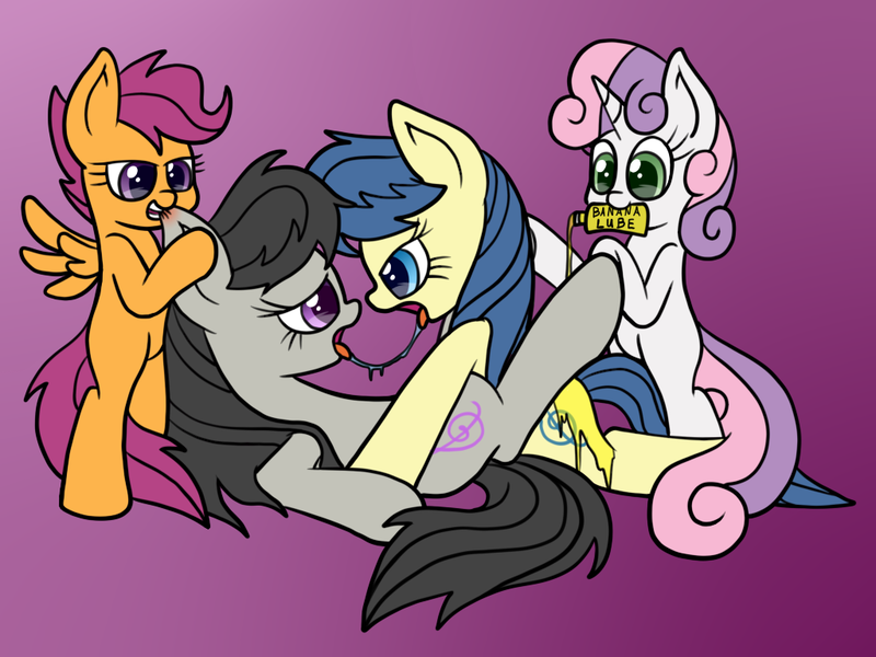 Size: 1024x768 | Tagged: apple family member, artist:scramjet747, biting, derpibooru import, drool, drool string, ear bite, female, fiddlesticks, foalcon, hooves, kissing, lesbian, lube, octavia melody, on back, scootaloo, sloppy kissing, suggestive, sweetie belle