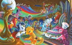 Size: 994x625 | Tagged: safe, artist:mary jane begin, derpibooru import, official, applejack, arrow (sea pony), coral (sea pony), electra, fluttershy, king leo, nar wally, pinkie pie, rainbow dash, rarity, spike, twilight sparkle, earth pony, fish, jellyfish, narwhal, pegasus, pony, sea lion, sea pony, seahorse, shark, unicorn, under the sparkling sea, aquastria, book, cake, coral, female, flying fish, food, hilarious in hindsight, jellyfly, male, mane six, mare, shell, throne, throne room, uncanny valley, underwater, unicorn twilight