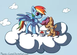 Size: 1260x900 | Tagged: artist:phoenix-conrad, bandage, bandaid, cloud, cloudy, dead source, derpibooru import, duo, eyes closed, first aid kit, on a cloud, open mouth, rainbow dash, safe, scootaloo, scootalove