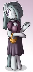 Size: 475x1032 | Tagged: safe, artist:tg-0, derpibooru import, marble pie, anthro, earth pony, unguligrade anthro, arm hooves, basket, clothes, dress, female, hair over one eye, rock, solo