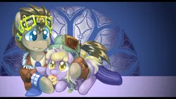 Size: 1280x720 | Tagged: safe, artist:saturnspace, derpibooru import, derpy hooves, dinky hooves, doctor whooves, time turner, pegasus, pony, clothes, cute, female, food, licking, mare, muffin, tongue out