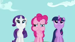 Size: 1280x720 | Tagged: safe, derpibooru import, screencap, pinkie pie, rarity, twilight sparkle, earth pony, pony, unicorn, read it and weep, looking up, puffy cheeks, trio, unicorn twilight