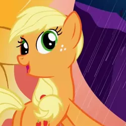 Size: 432x432 | Tagged: safe, derpibooru import, screencap, applejack, earth pony, pony, look before you sleep, cropped, derp, female, mare, open mouth, rain, solo