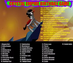 Size: 1000x859 | Tagged: amethyst star, birthday game, crystal empire, derpibooru import, derpy hooves, dinky hooves, doctor whooves, edit, edited screencap, electric sky, exploitable meme, firecracker burst, flam, flim, gemini, king leo, king sombra, leon, lovestruck, lyra heartstrings, magnet bolt, meme, minuette, moondancer, night light, pisces, prince blueblood, princess luna, princess skyla, queen chrysalis, rarity, safe, screencap, shining armor, snails, snips, sweetie belle, text, the crystal empire, time turner, trixie, twilight sparkle, twilight velvet, twinkleshine