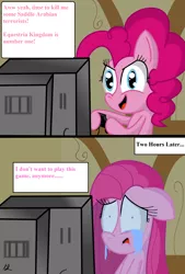 Size: 1500x2221 | Tagged: safe, artist:daniel-sg, derpibooru import, pinkie pie, earth pony, pony, comic, crying, do you feel like a hero yet?, female, floppy ears, mare, open mouth, pinkamena diane pie, saddle arabia, smiling, smirk, solo, spec ops: the line, white phosphorus, wide eyes