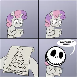 Size: 700x700 | Tagged: christmas, christmas tree, derpibooru import, exploitable meme, holiday, jack skellington, meme, obligatory pony, safe, sweetie belle, sweetie's note meme, the nightmare before christmas, tree