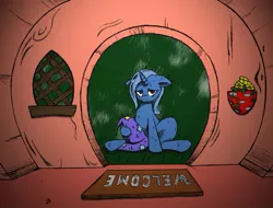 Size: 1149x873 | Tagged: safe, artist:j5furry, artist:joey darkmeat, derpibooru import, trixie, pony, unicorn, crying, doormat, female, golden oaks library, homeless, library, mare, rain, sad, solo