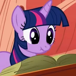 Size: 477x478 | Tagged: safe, derpibooru import, screencap, twilight sparkle, pony, unicorn, look before you sleep, book, cropped, female, golden oaks library, mare, scrunchy face, solo, unicorn twilight