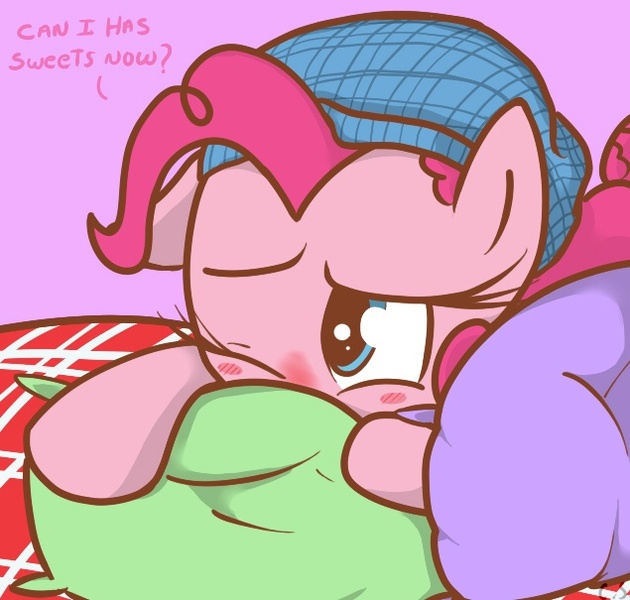 Size: 635x605 | Tagged: artist:nolycs, ask pinkie and berry, bed, cute, derpibooru import, dialogue, diapinkes, hat, nightcap, one eye closed, pillow, pinkie pie, safe, sick, solo