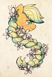 Size: 1343x1992 | Tagged: alternate hairstyle, applejack, artist:akikodestroyer, braid, bust, derpibooru import, ear piercing, earring, flower, jewelry, piercing, portrait, safe, solo