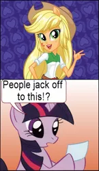 Size: 413x710 | Tagged: suggestive, derpibooru import, applejack, twilight sparkle, equestria girls, alternative cutie mark placement, clopping meme, exploitable meme, facial cutie mark, implied masturbation, meme