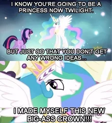 Size: 500x549 | Tagged: safe, derpibooru import, edit, edited screencap, screencap, princess celestia, twilight sparkle, twilight sparkle (alicorn), alicorn, pony, unicorn, magical mystery cure, clothes, crown, dress, ethereal mane, female, jewelry, mare, meme, nebula realm, princess celestia's special princess making dimension, regalia, throne, unicorn twilight, void