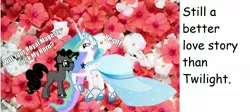 Size: 1336x600 | Tagged: safe, derpibooru import, princess celestia, oc, pony, pony creator, blank flank, canon x oc, clothes, comic sans, dress, female, flower, glasses, horn, hornjob, male, meme, shipping, shoes, stallion, still a better love story than twilight, straight, text, watch