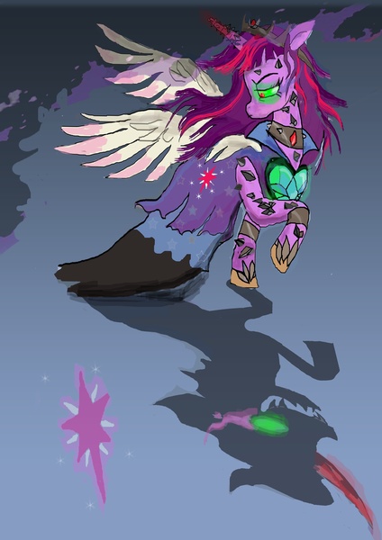 Size: 2480x3508 | Tagged: safe, artist:raggyrabbit94, derpibooru import, part of a set, king sombra, twilight sparkle, twilight sparkle (alicorn), alicorn, pony, black crystals, black gems, bridal dress, bridal gown, clothes, colored horn, corrupted, corrupted twilight sparkle, crown, crystal, crystal heart, crystals on body, curved horn, cutie mark, dark magic, dark queen, dark twilight, dark twilight sparkle, dark world, dress, hoof bands, hoof shoes, horn, horn crystals, jewelry, magic, magic suppression, part of a series, possessed, queen twilight, queen twilight sparkle, regalia, shadow, sombra eyes, sombra horn, story in the source, tiara, tyrant sparkle