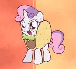 Size: 800x727 | Tagged: artist:spiiikedraws, bad pun, clothes, costume, cute, derpibooru import, diasweetes, food, funny, funny as hell, original species, pony as food, pun, safe, solo, sweetie belle, taco, taco belle, taco suit, visual pun, wat