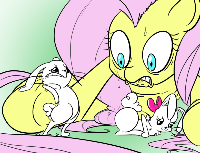 Size: 1300x1000 | Tagged: semi-grimdark, suggestive, artist:late, derpibooru import, angel bunny, fluttershy, pony, rabbit, abuse, animal, animal abuse, breeder, do not want, female, implied sex, lip bite, mare, now kiss, presenting, shipper on deck, sweat, wat